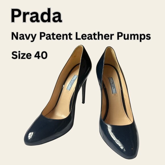 Prada Navy Patent Leather Heels Size 40 - Picture 1 of 6